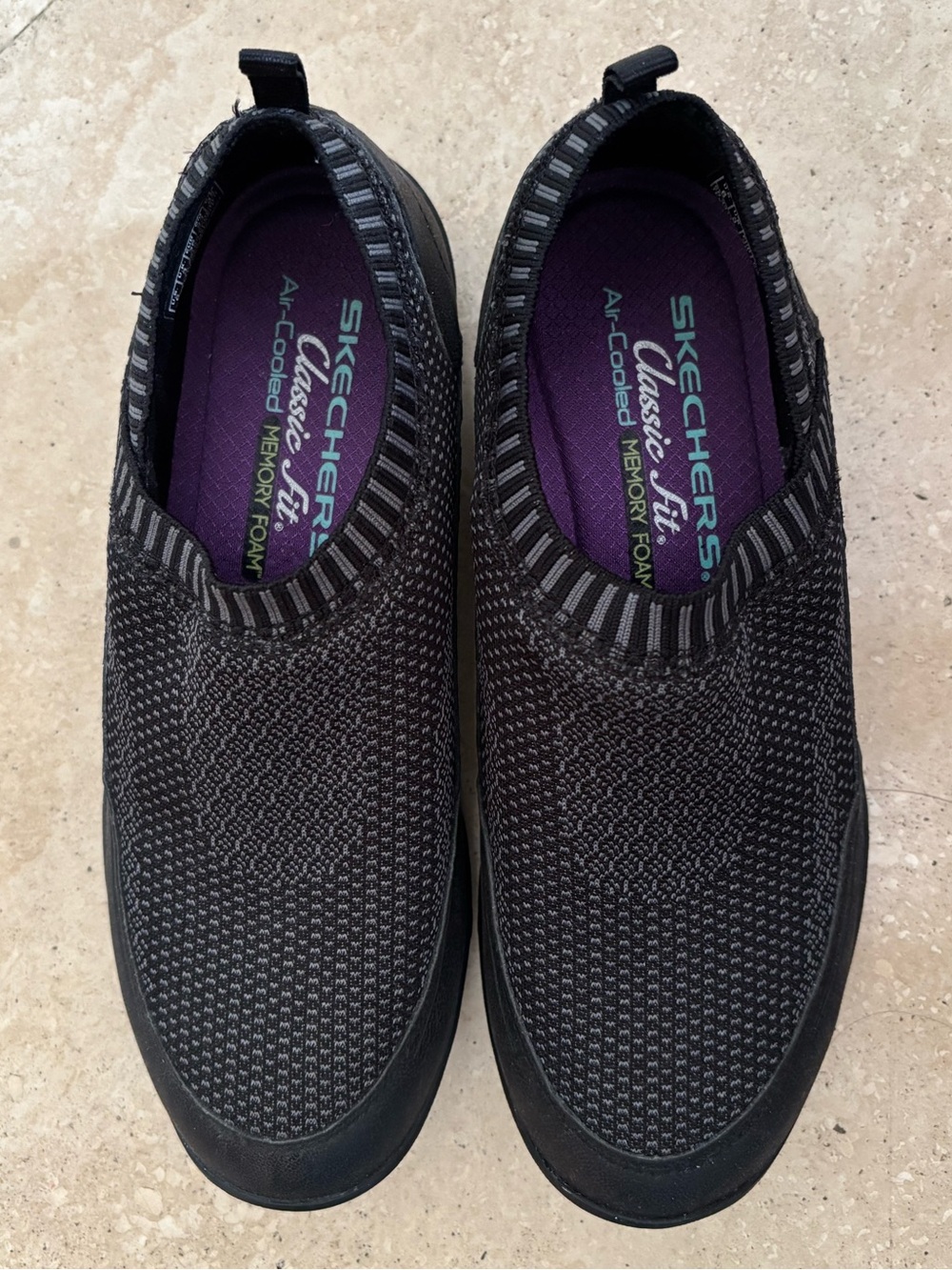 SKECHERS classic fit air cooled memory foam slip-on sneaker, Black, Size 6